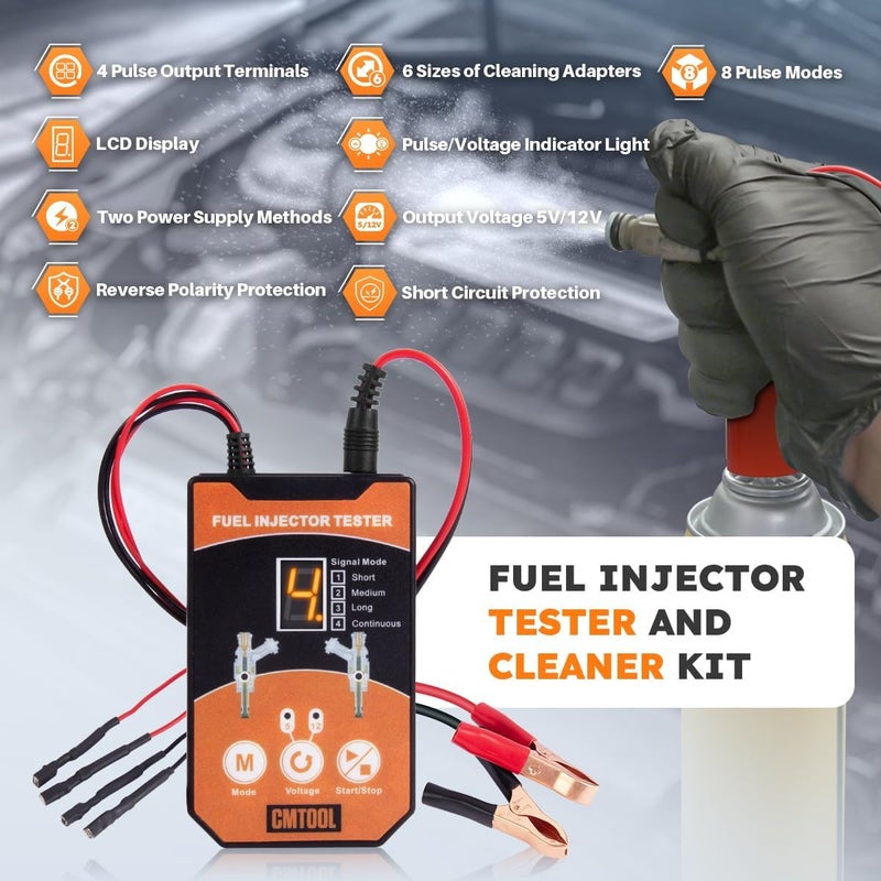 CMTOOL Fuel Injector Tester and Cleaner Tool Kit, Upgraded 6 Cleaning Adapters & 8 Pulse Modes, DIY Tool, Car Fuel Injector Cleaner Kit, 5V/12V Output Voltage Level - Image 2